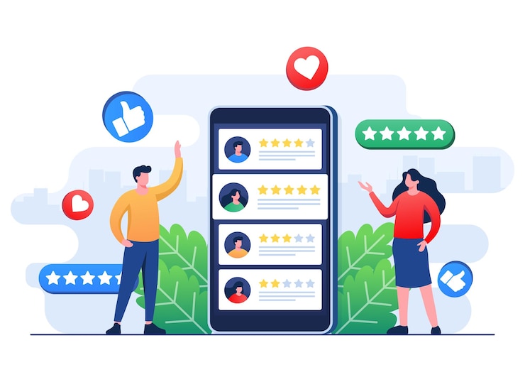 Vector clientes que dejan estrellas de calificación al producto o servicio del sitio web de la aplicación comentarios de los clientes