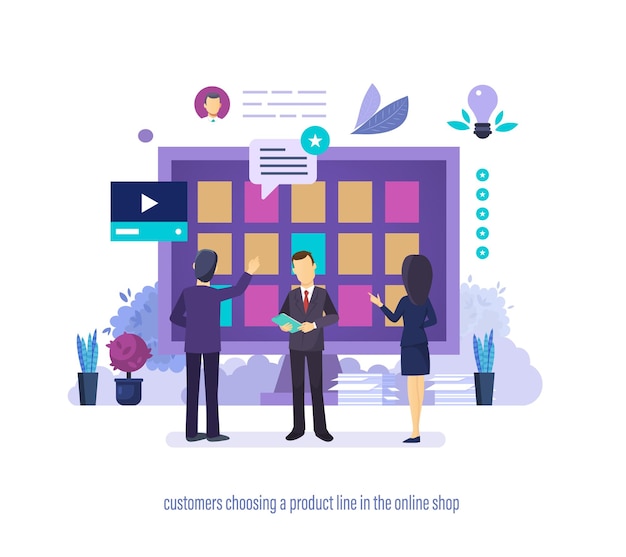 Clientes que eligen la línea de productos en la tienda en línea con diferentes características Clientes que compran en la tienda a distancia productos de alta calidad Eficacia de venta exitosa de la tienda Ilustración vectorial