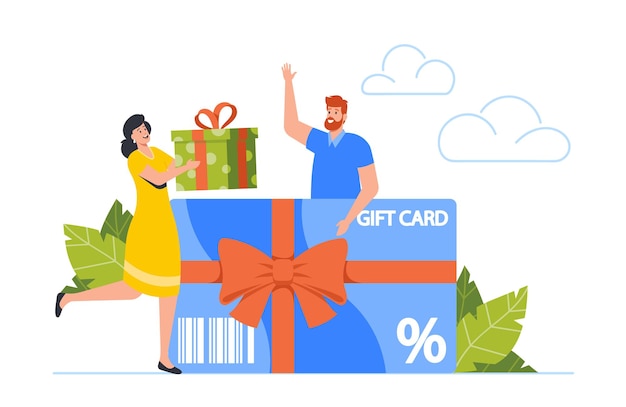 Clientes tarjeta de regalo mujer que da caja de regalo al personaje masculino venta festiva y promoción de compras oferta sistema de bonificación personas que usan cupón para comprar regalos y bienes dibujos animados vector ilustración