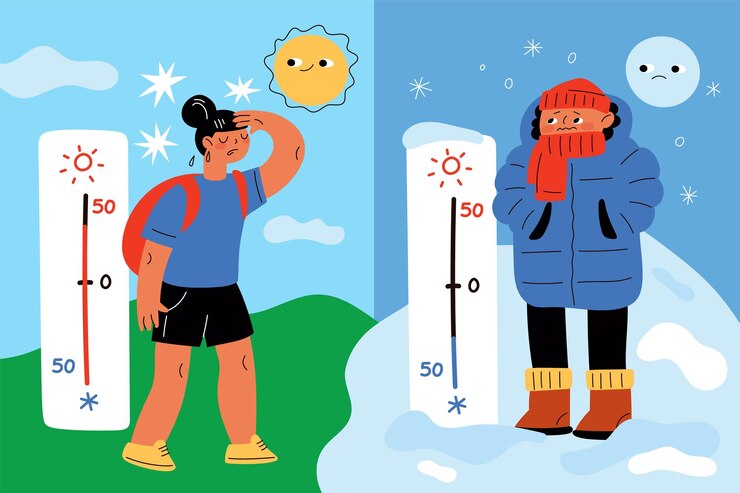Vector clima cálido y frío calor de verano o heladas de invierno contraste de temperatura chico helado con ropa de abrigo chica divertida sudando al sol termómetro de grados centígrados banderas de vectores llamativos
