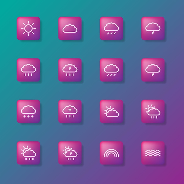 Clima de fenómenos Conjunto de 16 iconos simples de moda para la interfaz de usuario y la aplicación.
