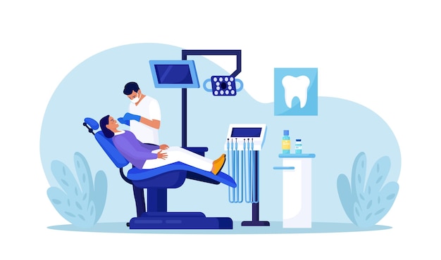 Vector clínica dental de estomatología cita con el dentista chequeo de odontología procedimientos de cuidado oral examen dental del paciente médico en uniforme que trata dientes humanos con equipo médico tratamiento de caries