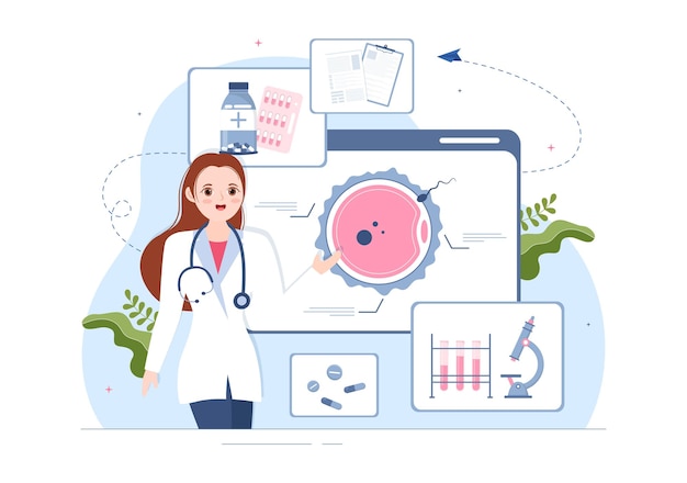 Vector clínica de fertilidad sobre tratamiento de infertilidad para parejas y manijas en ilustración plana dibujada a mano