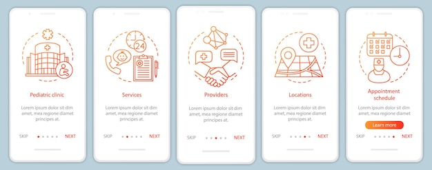 Clínica pediátrica que incorpora la pantalla de la página de la aplicación móvil con conceptos lineales Proveedores ubicaciones programación de citas paso a paso instrucciones gráficas UX UI GUI plantilla vectorial con iconos