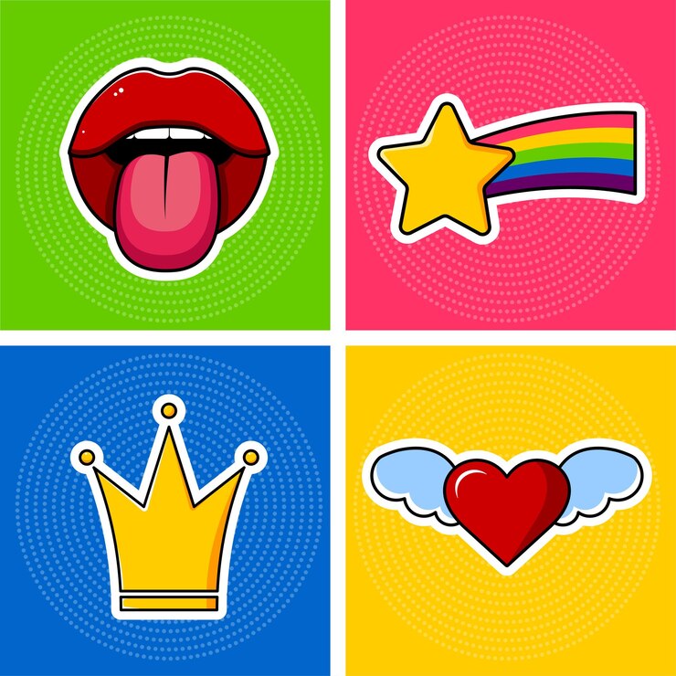 Vector clip art boca abierta con lengua corona corazón con alas y arco iris cometa sobre un fondo de color