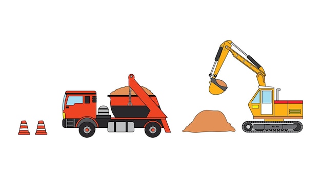clip art color niños conjunto de miniexcavadora de construcción, camión volquete y conos de tráfico