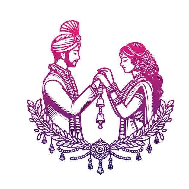 El clip art de la novia y el novio indios para la tarjeta de invitación de bodas hindúes