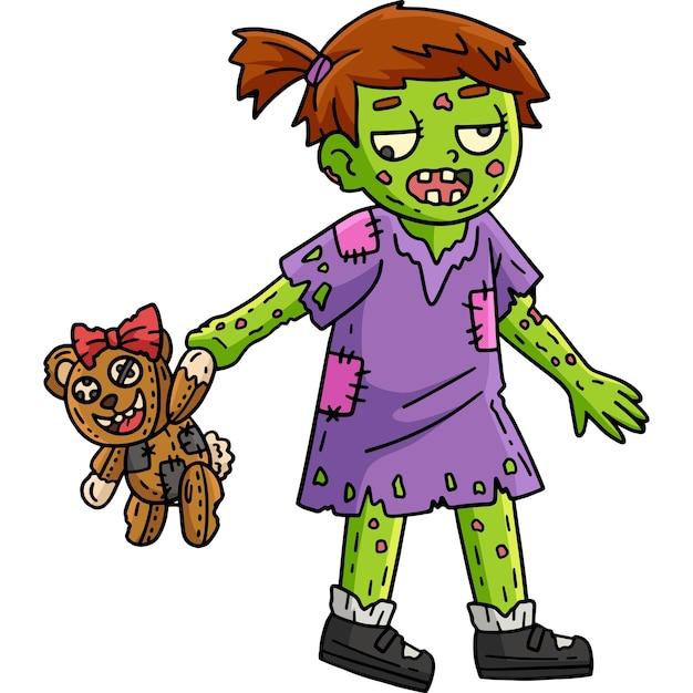 Vector este clip de dibujos animados muestra a una chica zombi con una ilustración de peluche