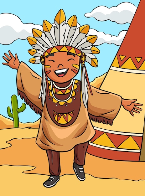 Este clip de dibujos animados muestra una ilustración de una chica india nativa americana feliz