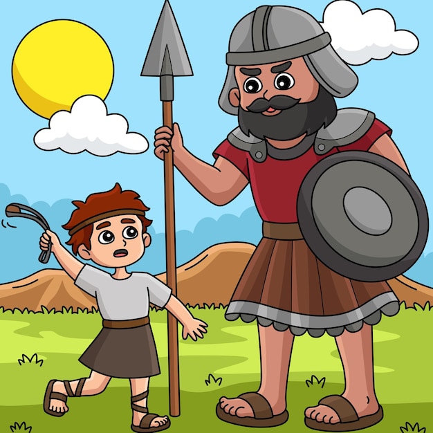 Este clip de dibujos animados muestra una ilustración de David y Goliat