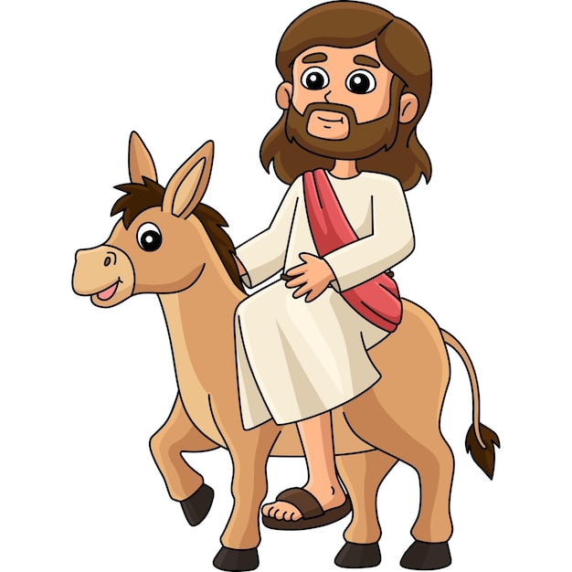 Este clip de dibujos animados muestra una ilustración de jesús montando un burro