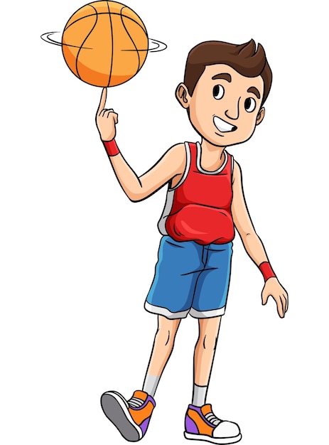 Este clip de dibujos animados muestra una ilustración de un niño de baloncesto girando la pelota