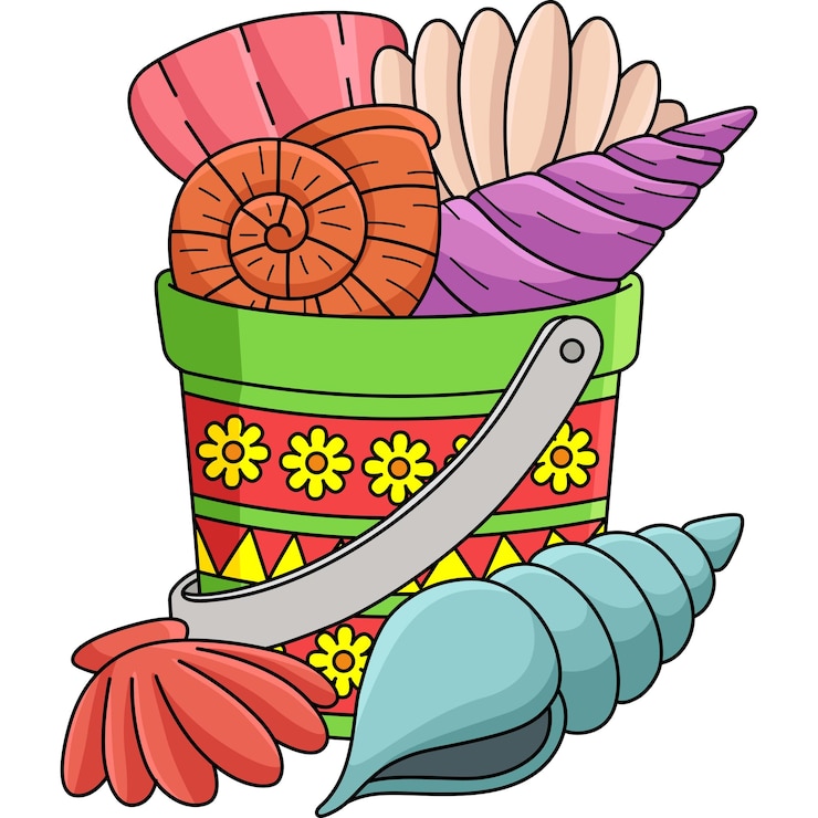 Vector este clip de dibujos animados muestra una ilustración de verano de un cubo de conchas marinas
