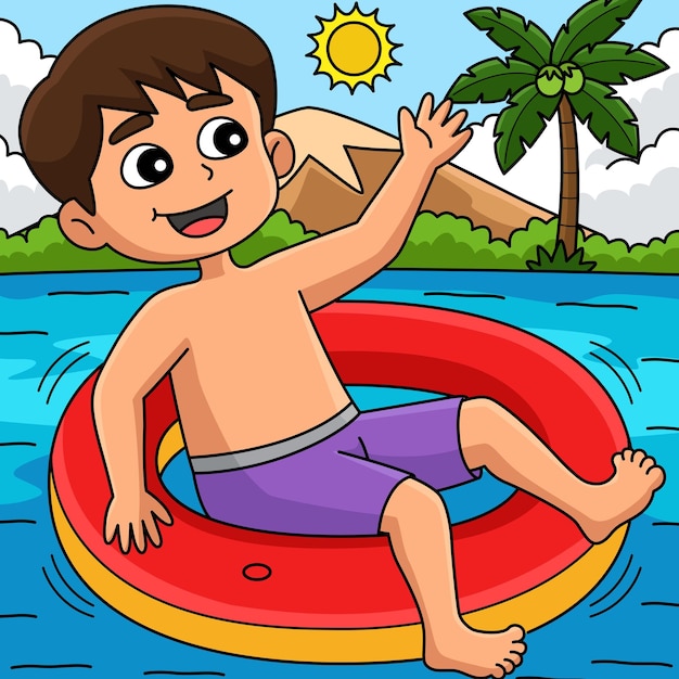 Vector este clip de dibujos animados muestra a un niño con una ilustración de verano lifebuoy