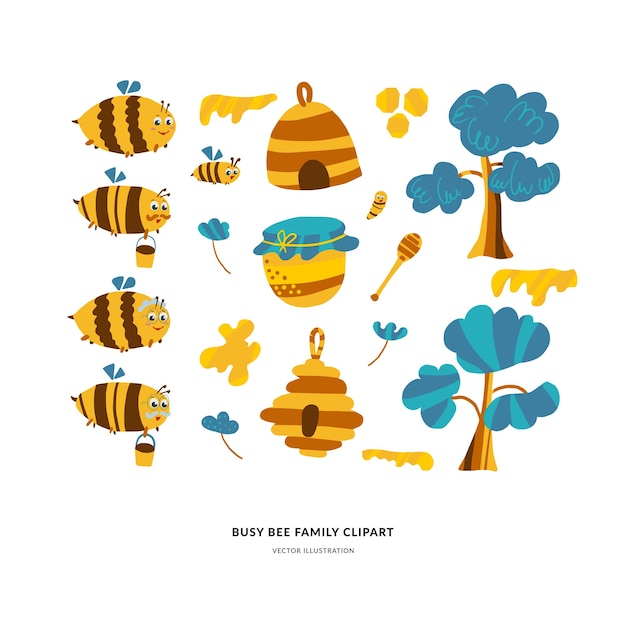Vector el clip de la familia de abejas dibujado a mano de un vector lindo, abejorros voladores ocupados con elementos de la escena