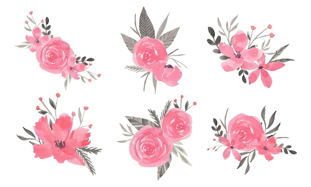 Vector clipart de acuarela de arreglo floral rosa y gris