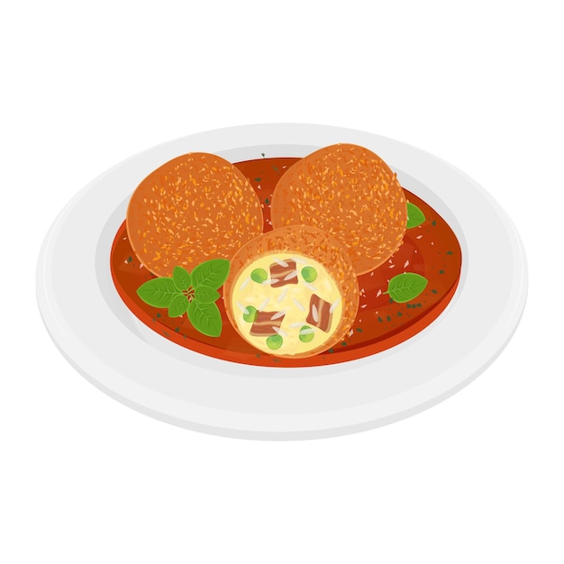 Clipart arancini caseros o bolas de arroz frito italiano con salsa de tomate en un plato blanco