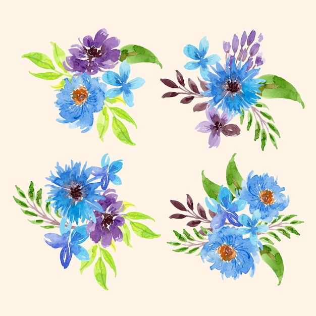 Vector clipart de arreglos florales azules y púrpuras sueltos de acuarela