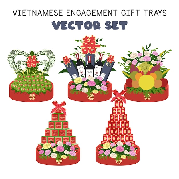 Clipart de bandejas de regalo de compromiso vietnamita. Estilo de dibujos animados de ilustración de vector plano de regalos de novio de Vietnam