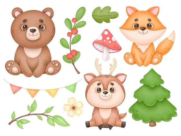 Vector clipart de bosque con animales lindos