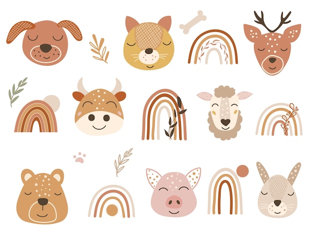 Clipart de bosque con caras de animales bebé y arco iris. ilustración vectorial.