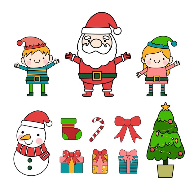 Clipart de contorno relleno de Santa y Elf, Feliz Navidad