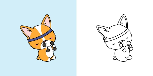 Vector clipart corgi galés deportista multicolor y blanco y negro. lindo cachorro atleta. ilustración vectorial