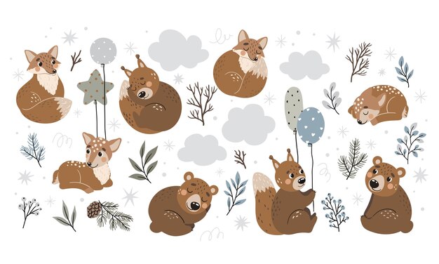 Clipart dibujado a mano con animales lindos liebre zorro oso ardilla ciervo caricatura de ilustración vectorial