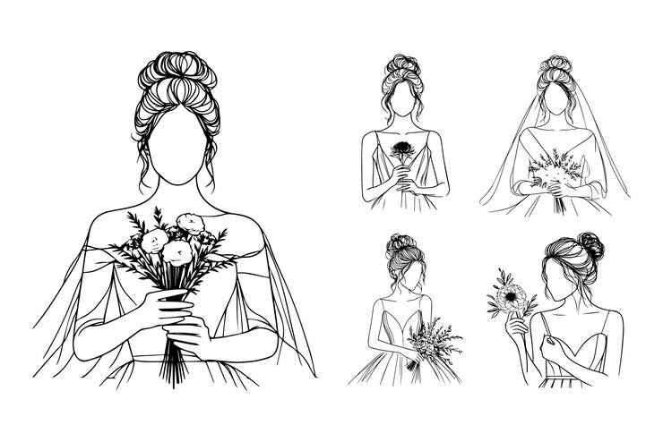 Vector clipart dibujado a mano de una mujer en una boda con un pan desordenado y acentos florales