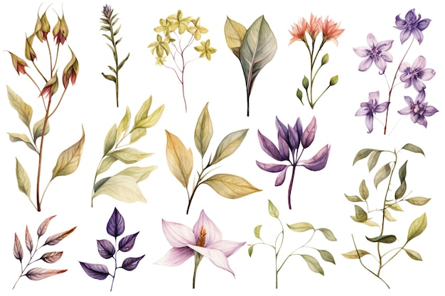 Vector clipart elegante de hojas y flores de acuarela