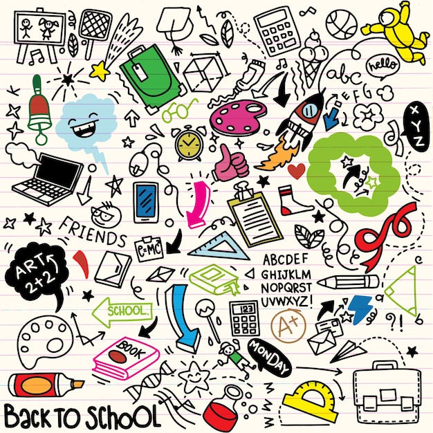 Clipart de la escuela. Doodle iconos y símbolos de la escuela. Objetos educativos stadying dibujados a mano.