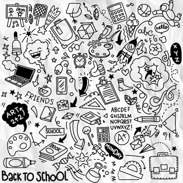 Clipart de la escuela. doodle iconos y símbolos de la escuela. objetos educativos stadying dibujados a mano.