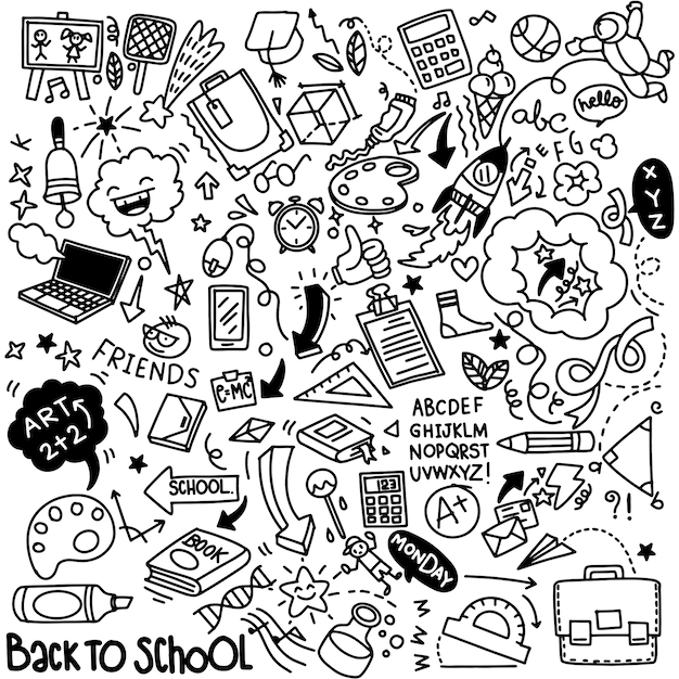 Clipart de la escuela. elementos y útiles escolares del doodle del vector. dibujado a mano estudiando objetos educativos.