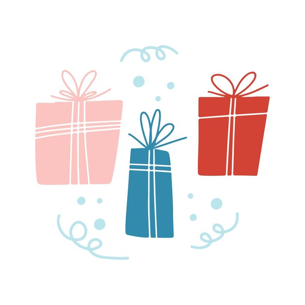 Clipart de feliz navidad dibujado a mano con copos de nieve de cajas de regalo de colores sobre fondo blanco