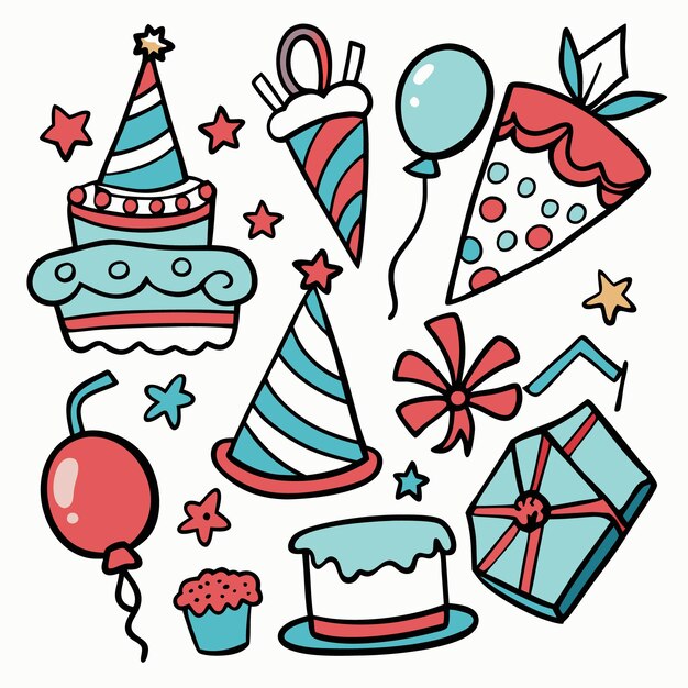 Clipart de fiesta de dibujos animados dibujado a mano con globos de pastel regalos y sombreros