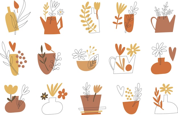 Clipart de flores y jarrones. Ilustración vectorial.