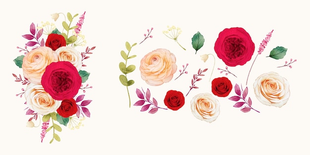 Vector clipart de flores de rosas rojas y flores ranunculus