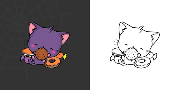 Clipart Gato Violeta Halloween Multicolor y Blanco y Negro. Hermoso Clip Art Gatito de Halloween.