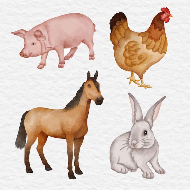 Vector clipart de granja de animales de acuarela