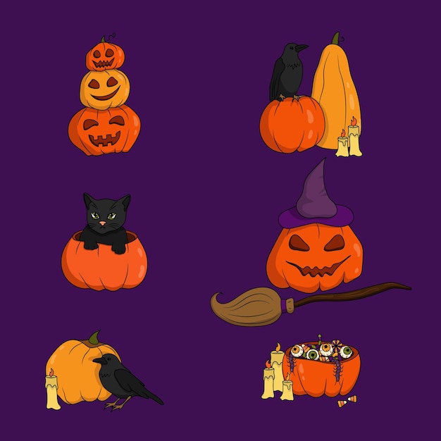 Clipart de Halloween con calabazas, cuervos y gatitos.