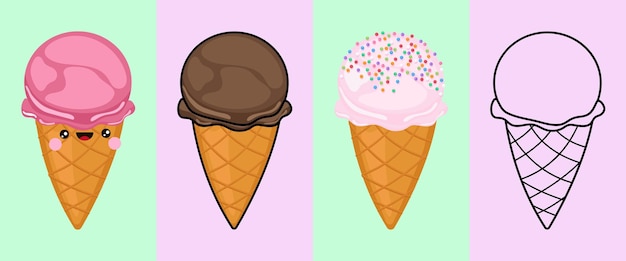 Clipart Helado Kawaii Multicolor y Blanco y Negro. Lindo Helado Kawaii.