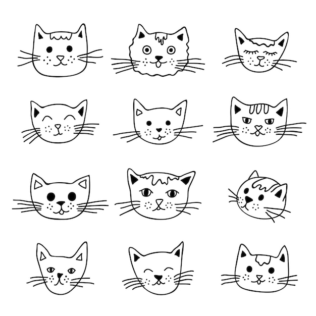 Clipart de hocico de gato dibujado a mano Conjunto de garabatos para la cara de una mascota