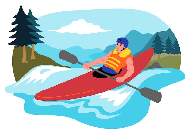 Clipart de un hombre en kayak con paisaje de río y montaña