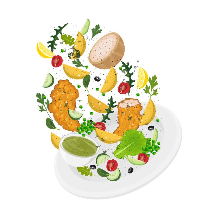 Clipart Levitation pescado y papas fritas con verduras ensalada y salsa tártara y guisantes