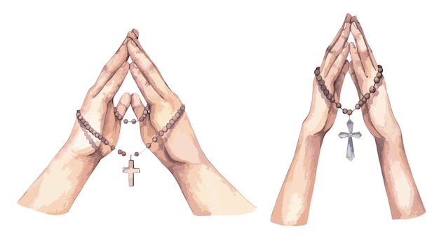 Clipart de manos rezando en acuarela con cuentas de rosario