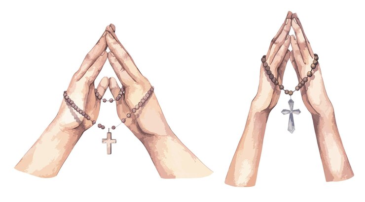 Vector clipart de manos rezando en acuarela con cuentas de rosario