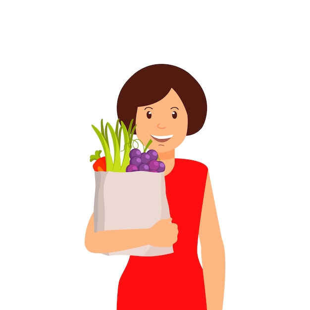 Clipart de mujer con bolsa de frutas y verduras