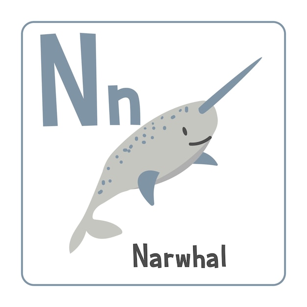 Clipart del narval Ilustración vectorial del narval estilo plano de dibujos animados Los animales comienzan con la letra N
