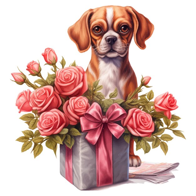 Vector clipart de perro a la acuarela con regalo y flores