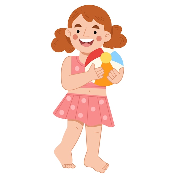 Clipart de playa de verano Ilustración vectorial de una niña sosteniendo una pelota en la playa